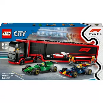 LEGO CITY 60445 F1 sunkvežimis su RB20 ir AMR24 F1 automobiliais