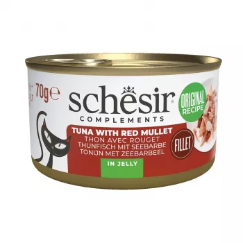 SCHESIR Complements Tunas su raudonąja barškučiu drebučiuose – šlapias ėdalas katėms – 70g