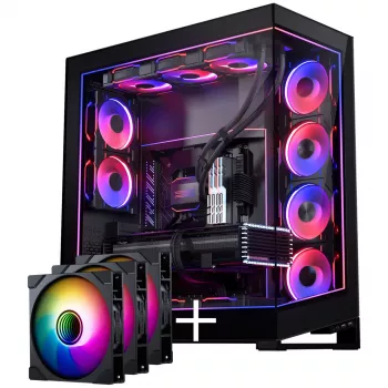 PHANTEKS NV Series NV7 E-ATX korpusas, grūdintas stiklas, ARGB - juodas + M25 Gen2 PWM D-RGB ventiliatorius 3 vnt. pakuotė - atvirkštinė mentė, 140 mm + DRGB rinkinys