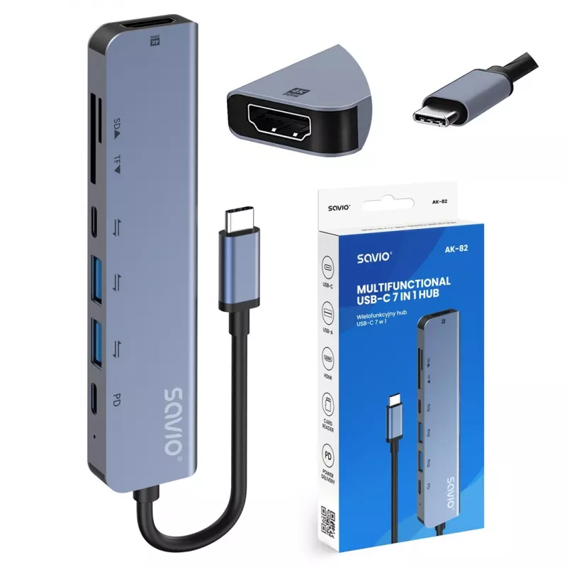 USB Type-C stotelė SAVIO AK-82 su HDMI, MicroSD, USB 3.2 Gen1, PD, 4K@30Hz, 5000 Mbit/s, juoda