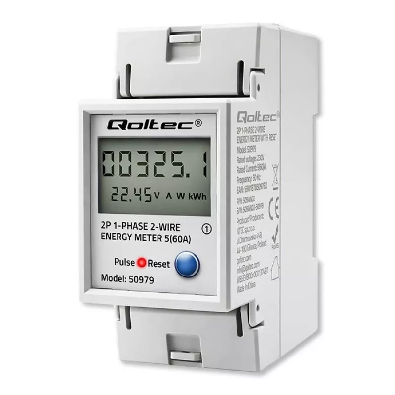Energijos skaitiklis QOLTEC vienfazis DIN bėgelis 230V (MPN 50979)