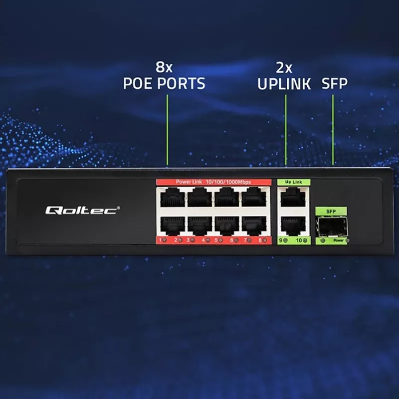 Ethernet Switch QOLTEC 52297 PoE RJ45 su PoE Uplink ir SFP prievadu