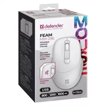 Belaidė pelė DEFENDER 52297 Silent Click – ambidekstrinė, 2,4 GHz nano USB, 1600 DPI, balta