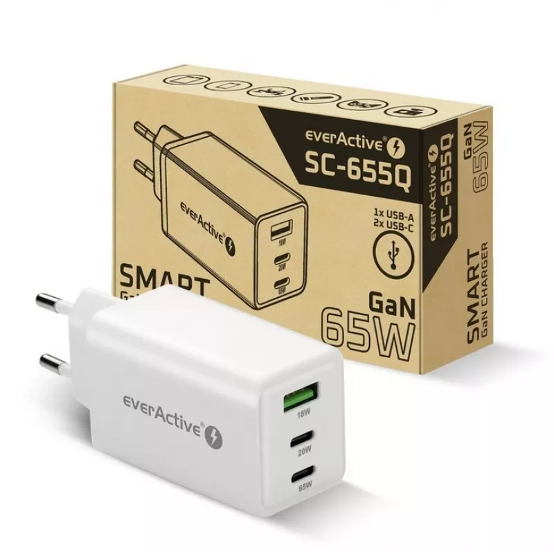 Įkroviklis everActive SQ-655Q 65W, 1×USB-A + 2×USB-C greitas įkrovimas