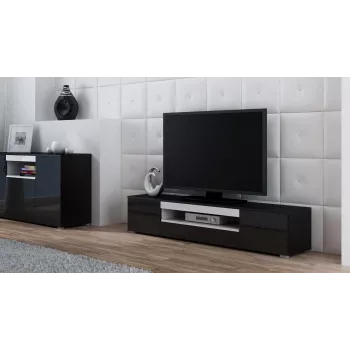 TV stovas cama meble VIVA 180 – 1800×400×370 mm, juodas viršus, juodas rėmas, balti akcentai