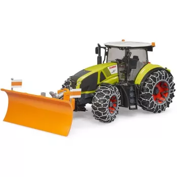 Žaislinis traktorius BRUDER Claas Axion 950 su sniego grandinėmis ir sniego stūmikliu, mastelio modelis