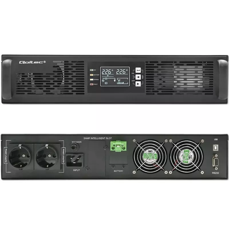 Qoltec nepertraukiamo maitinimo šaltinis UPS RACK 3kVA 3000W dvigubo keitimo on-line LCD EPO USB