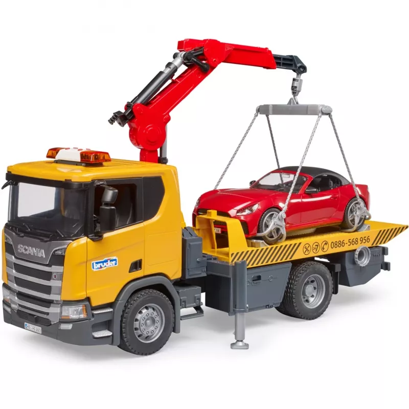 BRUDER Scania Super 560R pagalbos kelyje komplektas su vilkiku ir sportiniu automobiliu