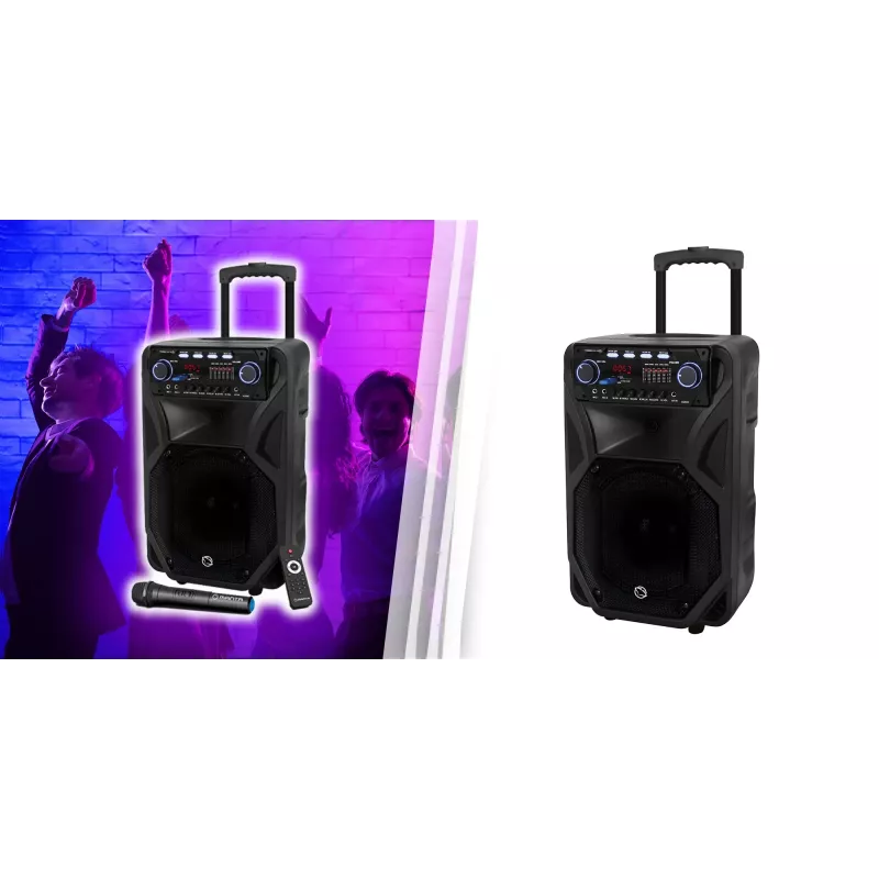 Nešiojama karaoke kolonėlė MANTA SPK5021PRO 80W RMS, 12 col. žemų dažnių garsiakalbis, Bluetooth, baterija iki 5 val., SD/USB, mikrofono ir gitaros įėjimai