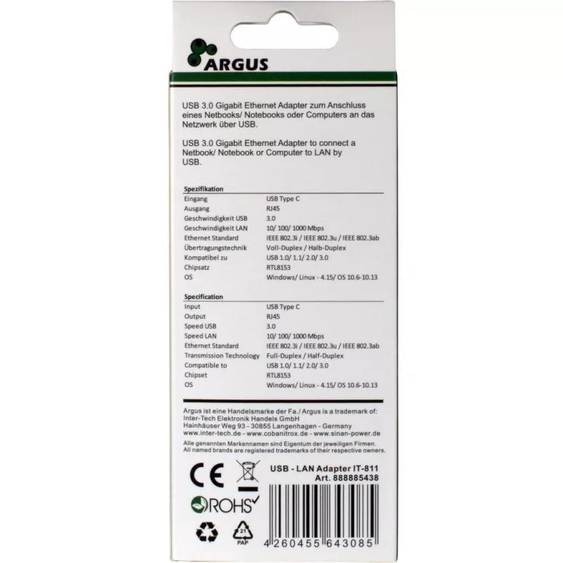 Inter-Tech Argus IT-811 – USB-C tinklo adapteris – Gigabit Ethernet – juodas (88885438)