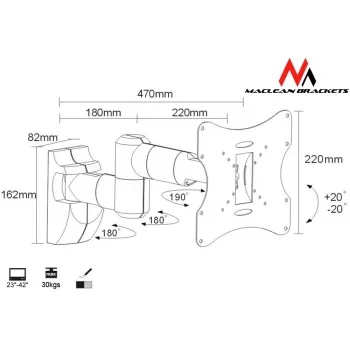 Laikiklis sieninis MACLEAN MC-503A S 23–42 colių ekranams, pakreipimas ±20°, VESA 75×75–200×200, 30 kg, sidabrinis