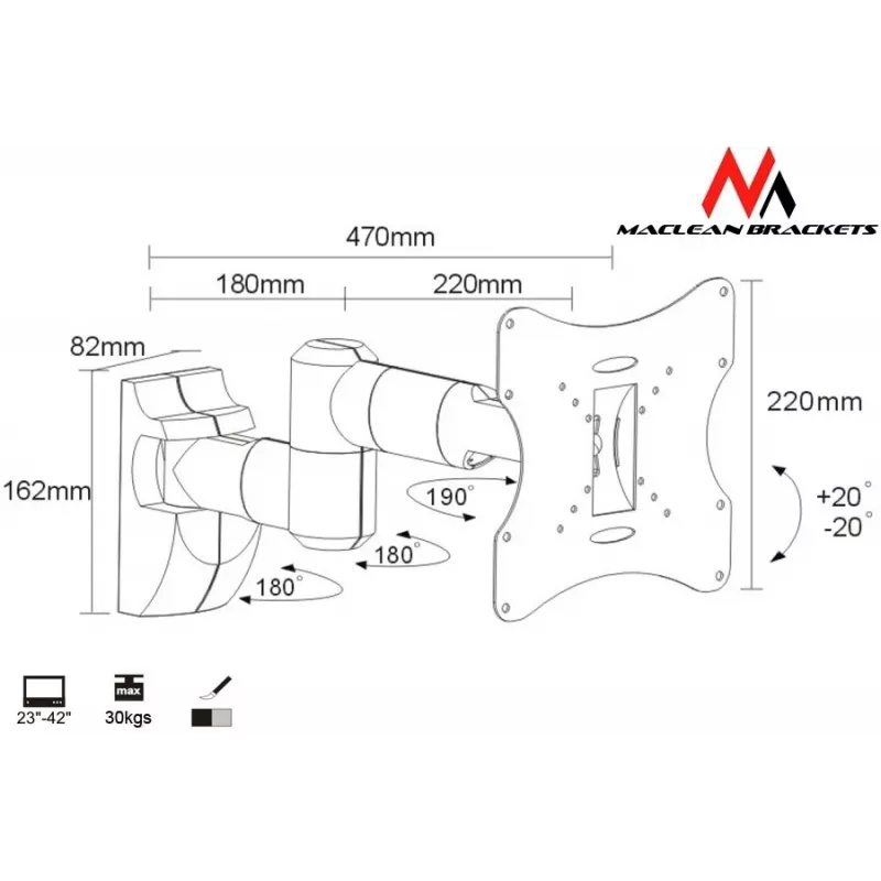 Laikiklis sieninis MACLEAN MC-503A S 23–42 colių ekranams, pakreipimas ±20°, VESA 75×75–200×200, 30 kg, sidabrinis
