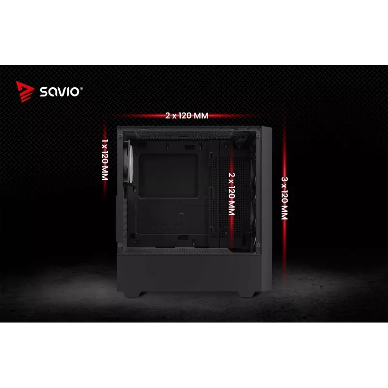 PC korpusas SAVIO Noctis Flow RGB — Cube, ATX/Mini-ITX, 3x 120 mm priekiniai ventiliatoriai, grūdintas stiklas, maks. GPU 35 cm