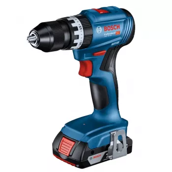 Bosch GSB 18 V belaidis gręžtuvas-suktuvas – 18 V, 4 Ah Li‑Jon, 45 N·m, 500/1900 aps./min., 35 mm mediena, 10 mm plienas, 2 akumuliatoriai, įkroviklis, dėklas