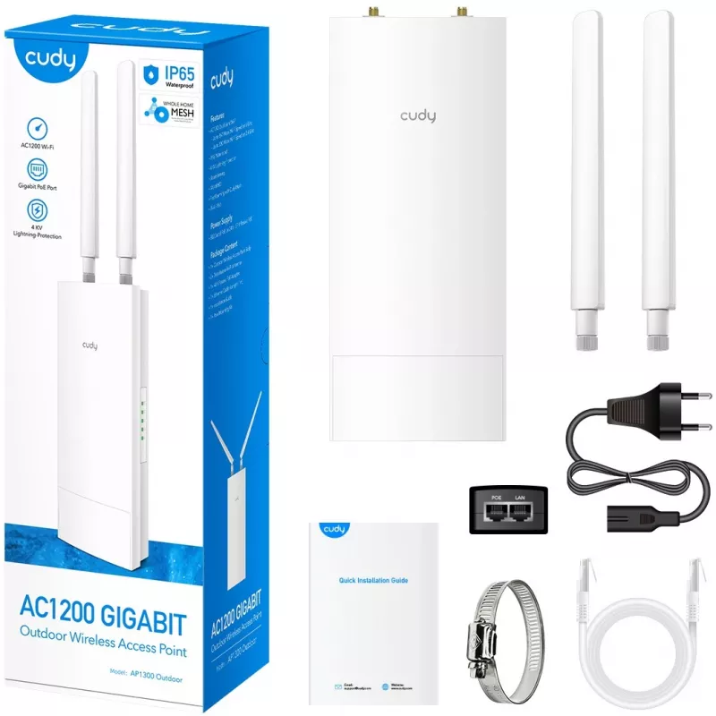 Belaidžio tinklo prieigos taškas Cudy AP1300 Outdoor – AC1200, dvejopas dažnis, IP65, PoE, 2 išorinės antenos