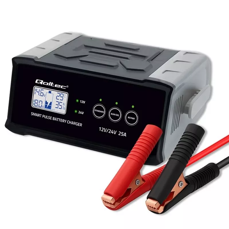 Įkroviklis QOLTEC 52514 – 12V/24V, 25A, AGM/GEL/SLA baterijoms su LCD ekranu