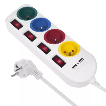 Maclean MCE229W ilgintuvas – 4 kištukiniai lizdai, 2× USB, 1,5 m laidas, baltas