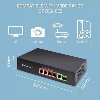 Ethernet PoE jungiklis QOLTEC 52296 — 4x RJ45 PoE prievadai, 1x RJ45 uplink