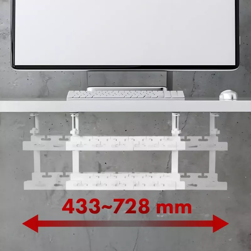 Kabelių organizatorius po stalu MACLEAN MC-102W – plieninis, reguliuojamo ilgio, tinka 0,5–5 cm stalams, apkrova 5 kg, baltas