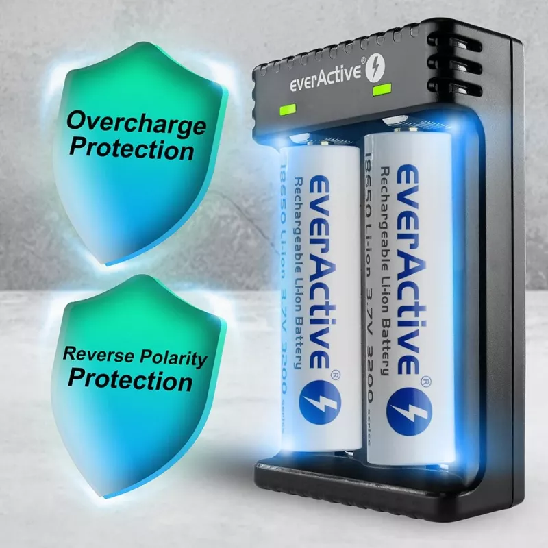 Baterijų įkroviklis everActive LC200 buitinis USB, 2 lizdai, Li-Ion, palaiko A/AA/AAA/AAAA/C/D, 5 V įėjimas, 4,2 V išėjimas, juodas
