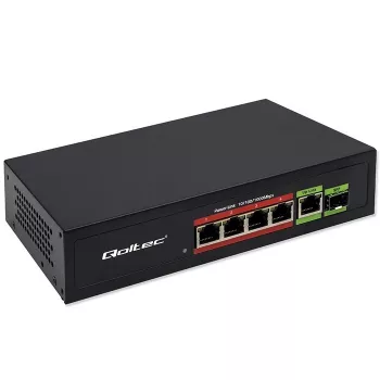 Ethernet PoE jungiklis QOLTEC 52296 — 4x RJ45 PoE prievadai, 1x RJ45 uplink