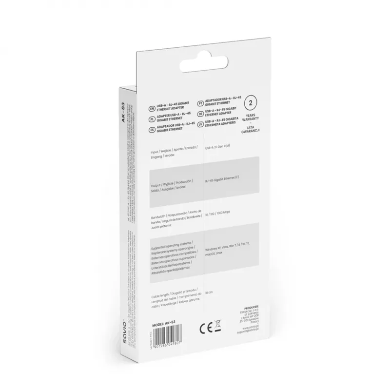 Tinklo adapteris SAVIO AK-83 USB-A į RJ-45, 5 Gbit/s, juodas