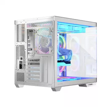 PC korpusas MODECOM Volcano Panorama Midi Tower baltas – micro ATX, grūdintas stiklas, ARGB, USB-C, palaiko GPU iki 400 mm
