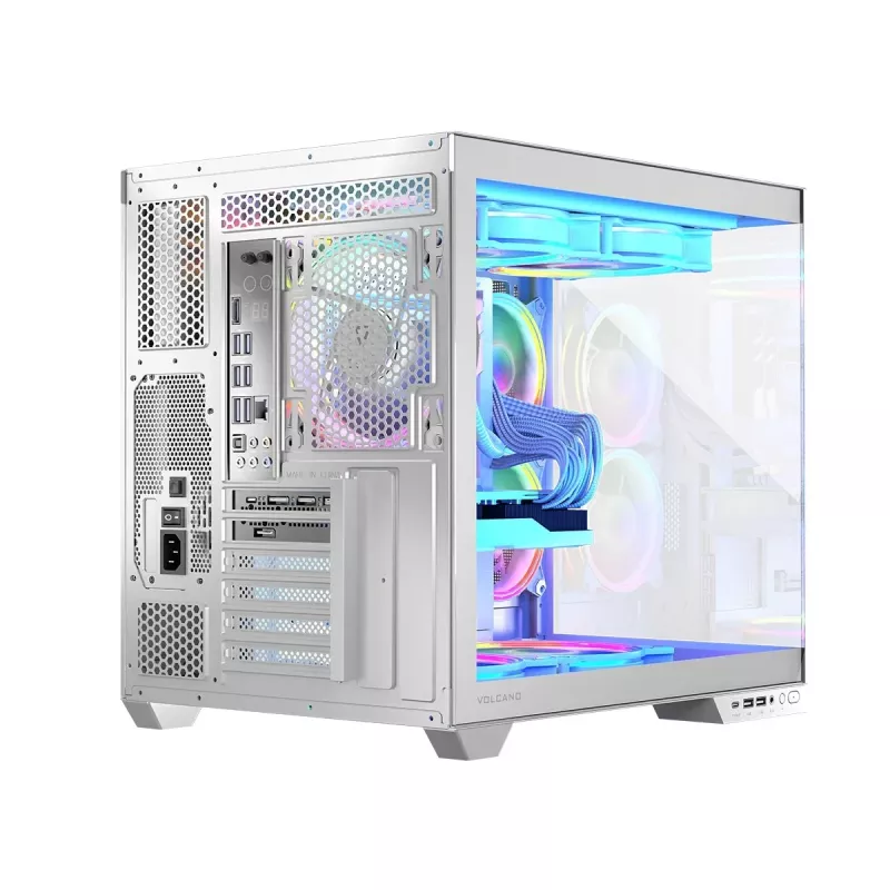 PC korpusas MODECOM Volcano Panorama Midi Tower baltas – micro ATX, grūdintas stiklas, ARGB, USB-C, palaiko GPU iki 400 mm