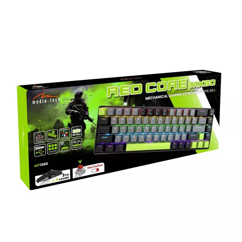 Mechaninė klaviatūra MEDIA-TECH MT1260 Red Core MX60, 60% formatai, CHERRY MX Red jungikliai, RGB foninis apšvietimas, USB, žalia