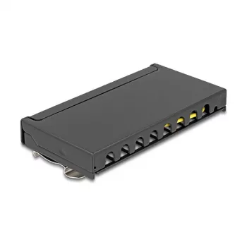 Patch panel DELOCK Mini Desktop RJ45 8 prievadų Cat.6A ekranuotas juodas ant stalo, sienos ar DIN bėgio