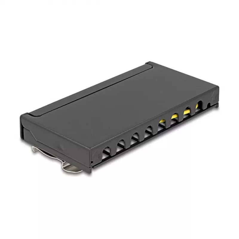 Patch panel DELOCK Mini Desktop RJ45 8 prievadų Cat.6A ekranuotas juodas ant stalo, sienos ar DIN bėgio