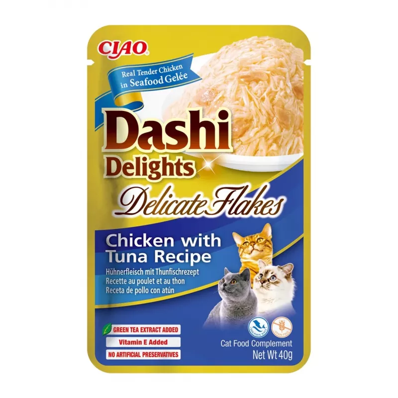 Šlapieji kačių skanėstai INABA Dashi Delights Delicate Flakes Vištiena su Tuna 40 g maišelis
