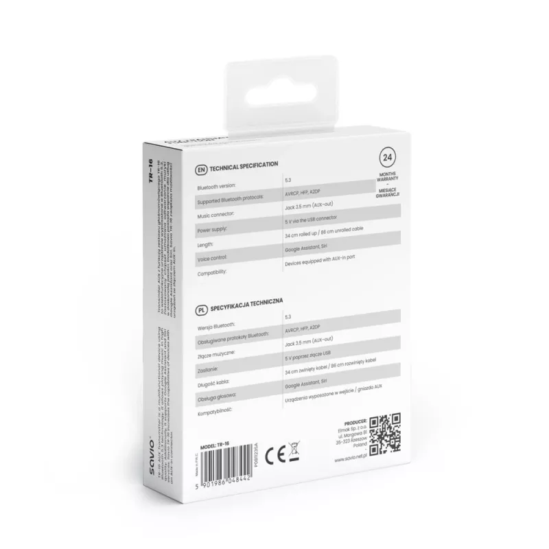 Savio TR-16 Bluetooth siųstuvas AUX adapteris su laisvų rankų funkcija, Bluetooth 5.3, Google Assistant/Siri
