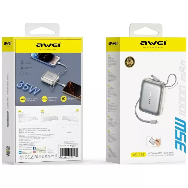 Power bank Awei AS-181 10000mAh 35W su įmontuotu kabeliu