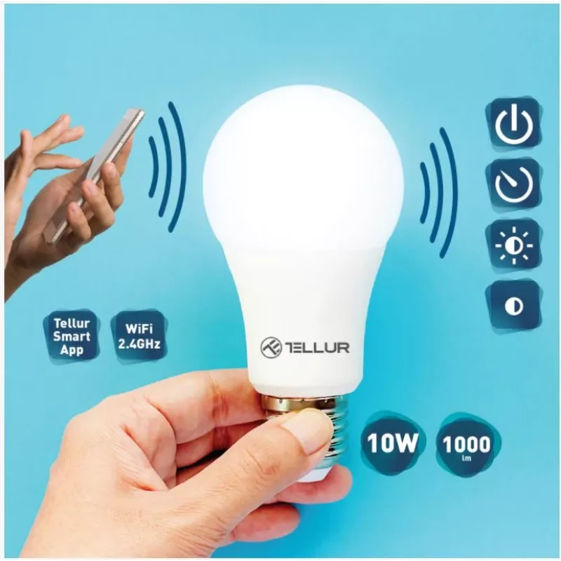 Tellur WiFi išmanioji lemputė E27, 10W, balta/šilta, reguliuojamas ryškumas