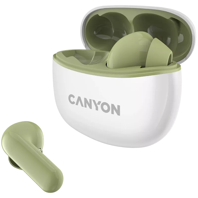 CANYON TWS-5 belaidės ausinės (į ausis), žalios, Bluetooth 5.3, liečiamas valdymas, USB-C įkrovimas