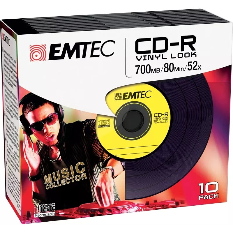 EMTEC Vinyl Look - 10 vnt. CD-R - 700 MB (80 min) 52x - Mėlyna, Geltona, Alyvinė, Žalia, Rožinė - Plonas Jewel dėklas
