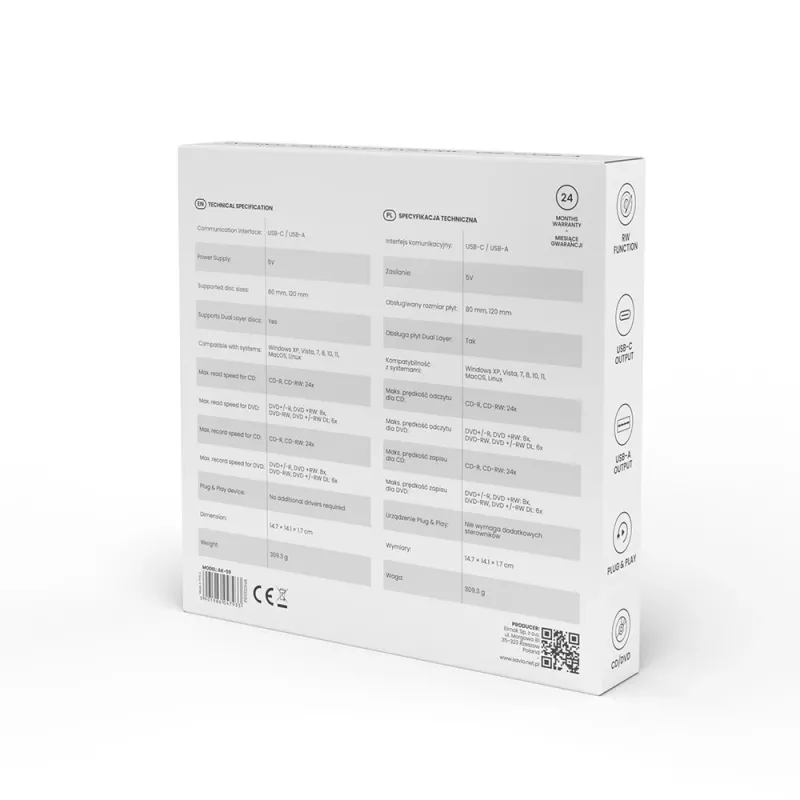 SAVIO AK-59 Išorinis plonas CD/DVD įrašytuvas R/RW - USB-C/USB-A, juodas