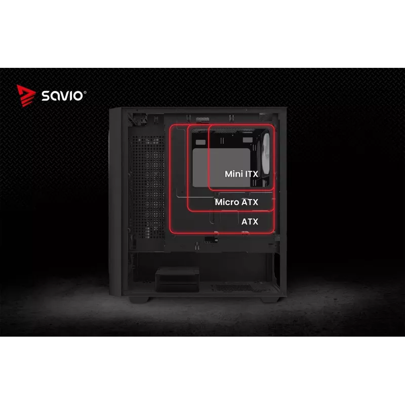 PC korpusas SAVIO Noctis Flow RGB — Cube, ATX/Mini-ITX, 3x 120 mm priekiniai ventiliatoriai, grūdintas stiklas, maks. GPU 35 cm