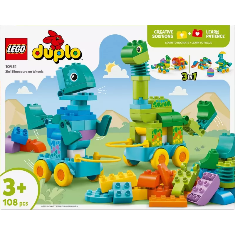 Konstruktorius LEGO DUPLO 10451 Dinozaurai ant ratų 3-in-1 rinkinys, 108 dalių, nuo 3 metų, aukštis 220 mm