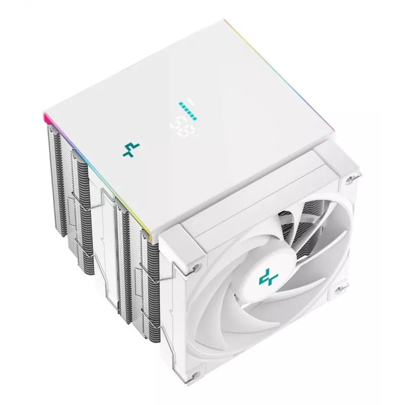 Oro aušintuvas DeepCool AK620 Digital SE White – du 120 mm ventiliatoriai, 6 šilumos vamzdeliai, PWM, LGA 1700, įmontuotas ekranas