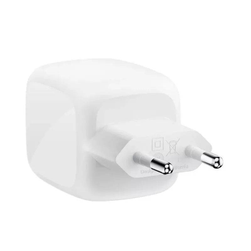 Greitasis AC sieninis įkroviklis Belkin WCH020KQ2MWH-B6 — 2x USB‑C, 2 m integruotas kabelis, baltas