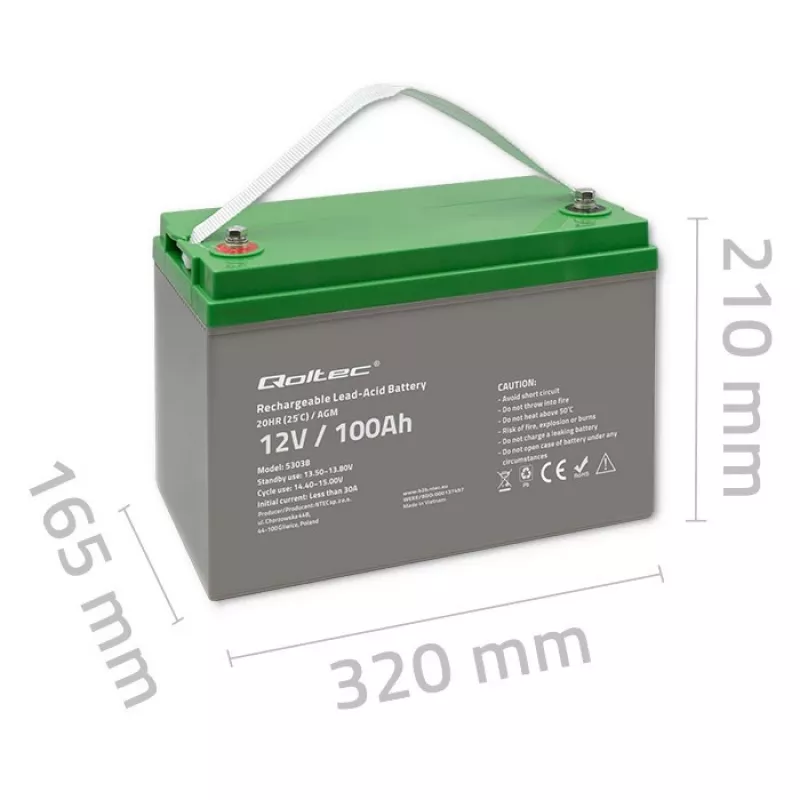 Qoltec 53038 AGM akumuliatorius | 12V | 100Ah | max 1200A