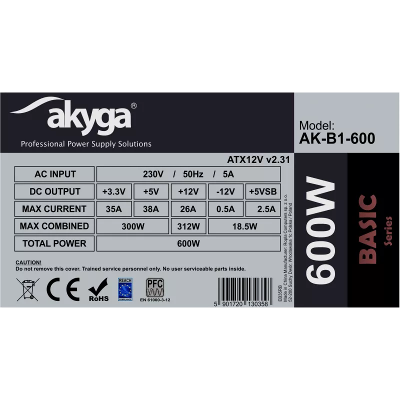 Akyga Basic AK-B1-600 ATX maitinimo blokas 600 W, 120 mm ventiliatorius, pasyvus PFC, pilkas