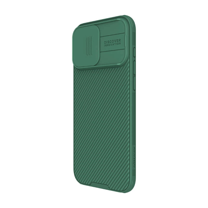 Apsauginis dėklas Nillkin CamShield Pro, skirtas iPhone 16 Pro Max, žalias, su slankiojančiu kameros dangteliu, galinė ir šoninė apsauga