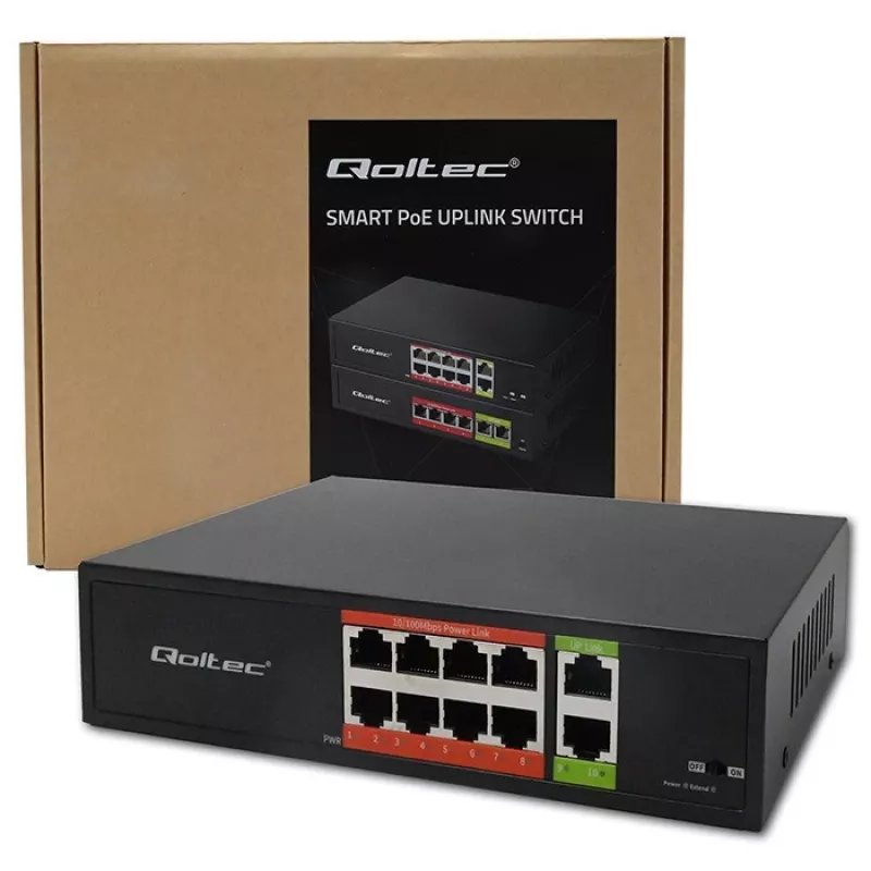 Tinklo jungiklis QOLTEC FAST Ethernet PoE 8xRJ45 su 2xRJ45 uplink (model 52290)