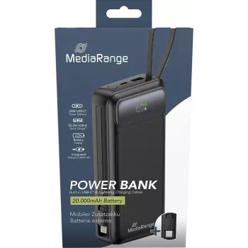 Powerbank MediaRange MRMA756 — 20000 mAh LiPo, 15 W išėjimas, USB-A + USB-C, juoda