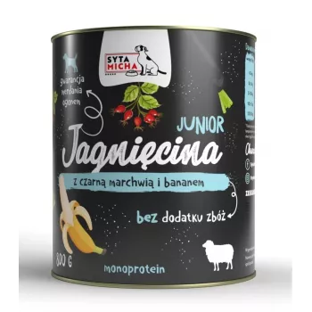 Šlapias šunų ėdalas SYTA MICHA Junior ėriena su juodąja morka ir bananu, 800 g, monoproteininis, be glitimo ir cukraus