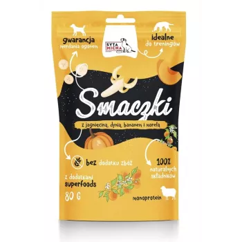 Šunų skanėstai SYTA MICHA Treats su ėriena, moliūgu, bananu ir abrikosu 80 g – be grūdų, hipoalerginiai, suaugusiems šunims