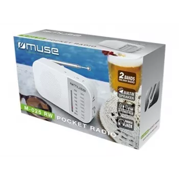 Nešiojamas radijas Muse M-025 RW – analoginis FM/MW, baltas, maitinamas baterijomis, išorinė antena